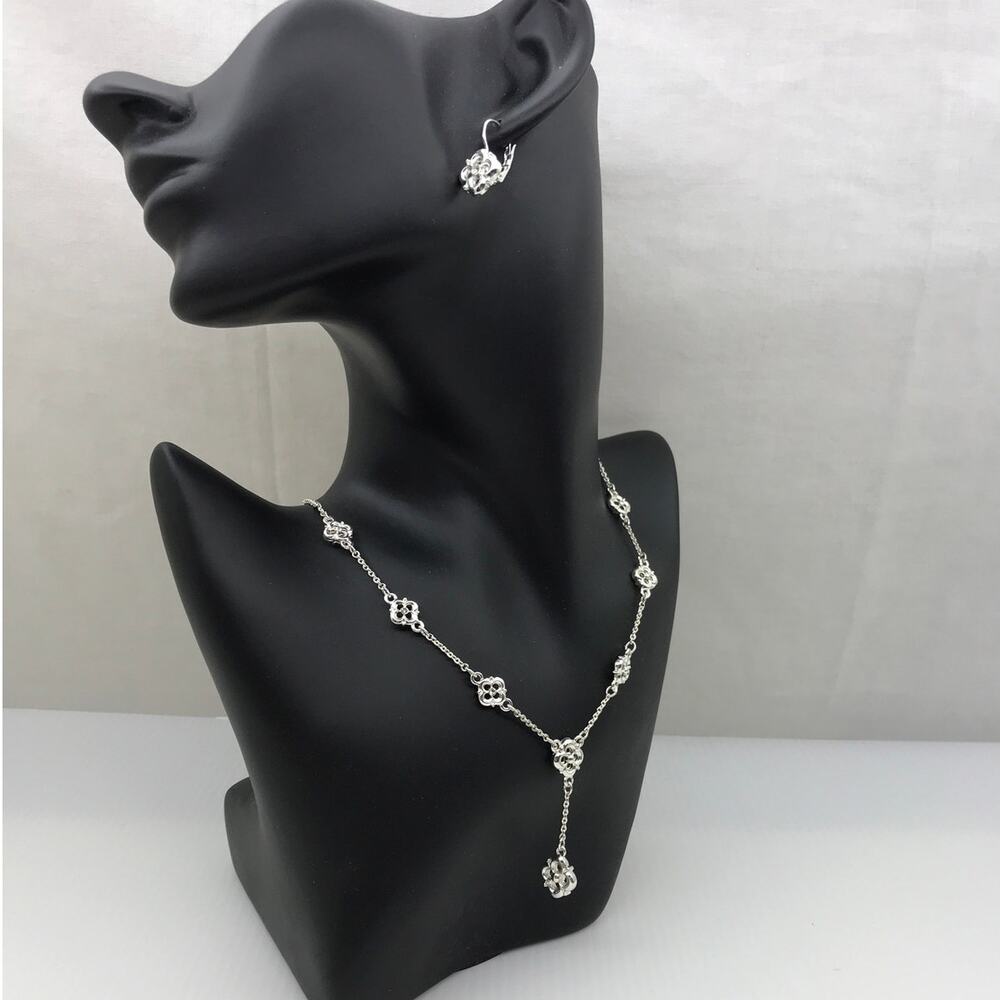 Vintage Avon Clover Motif Y-Drop Necklace Earring Silver Plated Jewelry Set